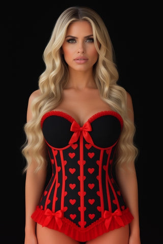 (PRE-ORDER) Lavish Black & Red Hearts Lycra Hook & Eye Back Closure Bustier
