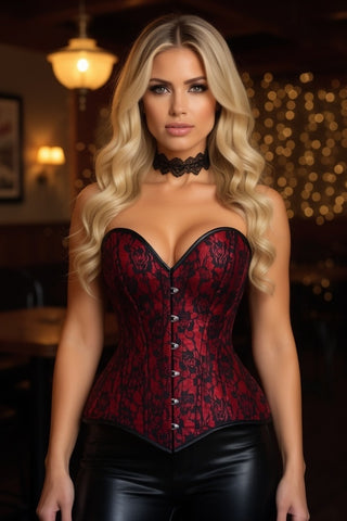 Lavish Red/Black Lace Overbust Corset Sweetheart Neckline Busk Closure