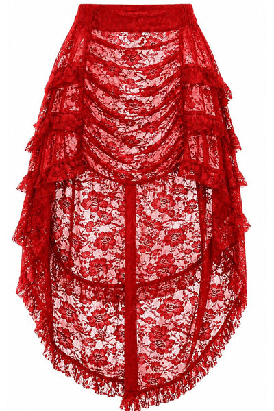 Sheer Red Lace Ruched Front High Low Lace Skirt - Daisy Corsets