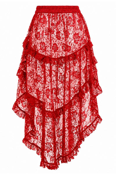Sheer Red Lace Ruched Front High Low Lace Skirt - Daisy Corsets