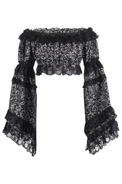 Silver/Black Brocade Smocked Flare Sleeve Peasant Top - Daisy Corsets