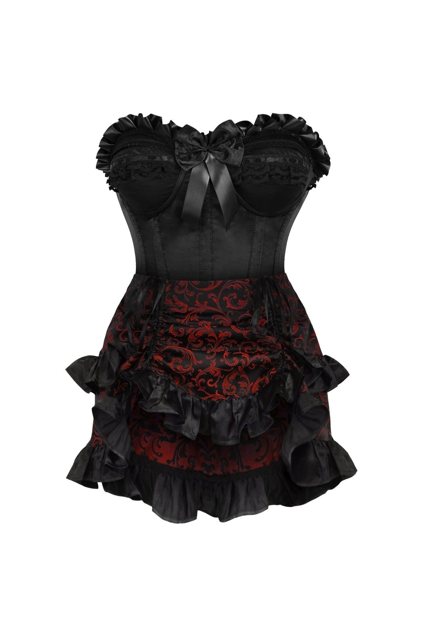Top Drawer 2 PC Black Satin Steel Boned Burlesque Corset & Gold Brocade Skirt Set - Daisy Corsets