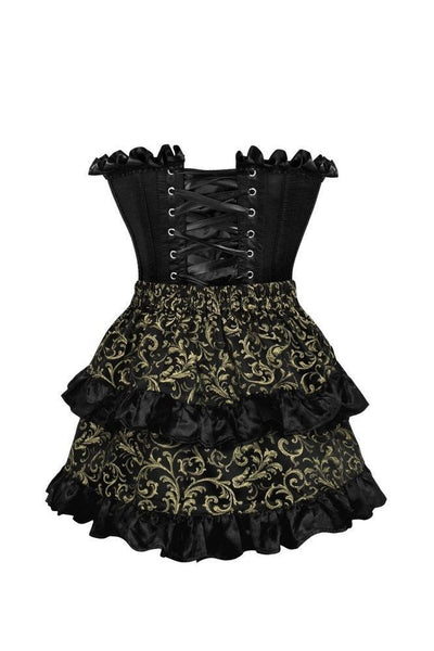 Top Drawer 2 PC Black Satin Steel Boned Burlesque Corset & Gold Brocade Skirt Set - Daisy Corsets