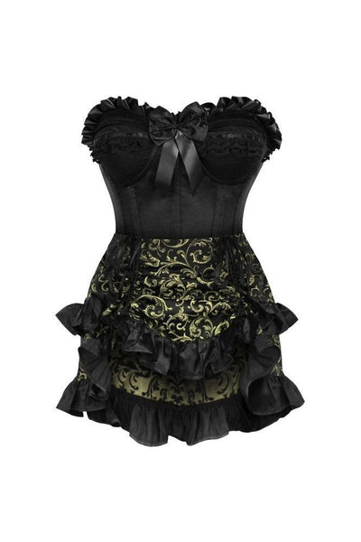Top Drawer 2 PC Black Satin Steel Boned Burlesque Corset & Gold Brocade Skirt Set - Daisy Corsets