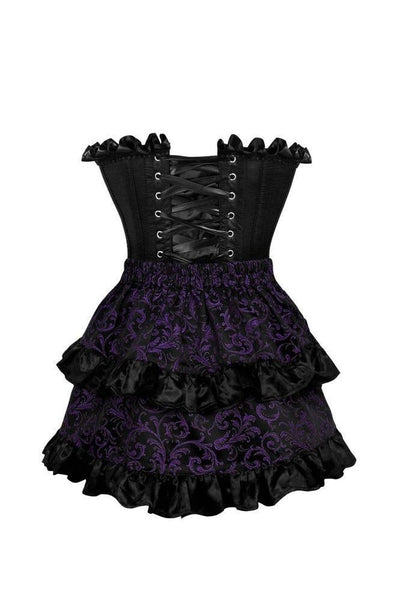 Top Drawer 2 PC Black Satin Steel Boned Burlesque Corset & Purple Brocade Skirt Set - Daisy Corsets