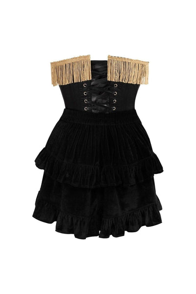 Top Drawer 2 PC Burlesque Black & Dark Red Steel Boned Corset w/Gold Fringe & Skirt Set - Daisy Corsets