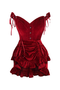 Top Drawer 2 PC Dark Red Velvet Steel Boned Corset & Skirt Set - Daisy Corsets