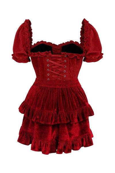 Top Drawer 2 PC Dark Red Velvet Steel Boned Corset w/sleeves & Skirt Set - Daisy Corsets
