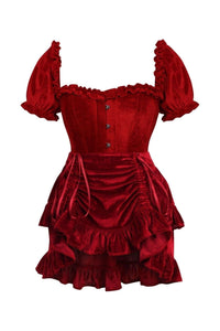 Top Drawer 2 PC Dark Red Velvet Steel Boned Corset w/sleeves & Skirt Set - Daisy Corsets