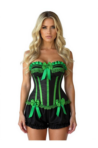 Top Drawer 2 PC Green/Black Burlesque Steel Boned Corset & Bloomer Set - Daisy Corsets