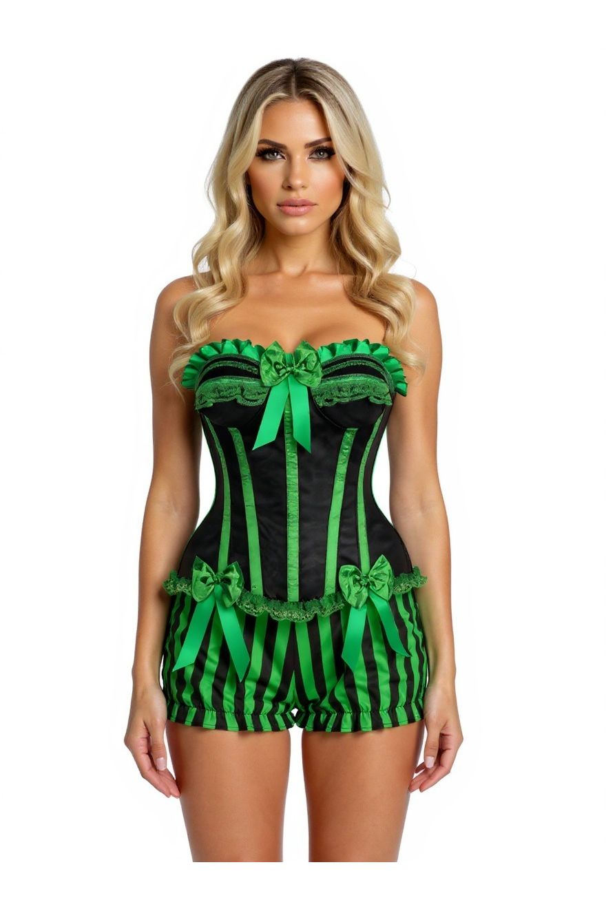 Top Drawer 2 PC Green/Black Striped Burlesque Steel Boned Corset & Bloomer Set - Daisy Corsets
