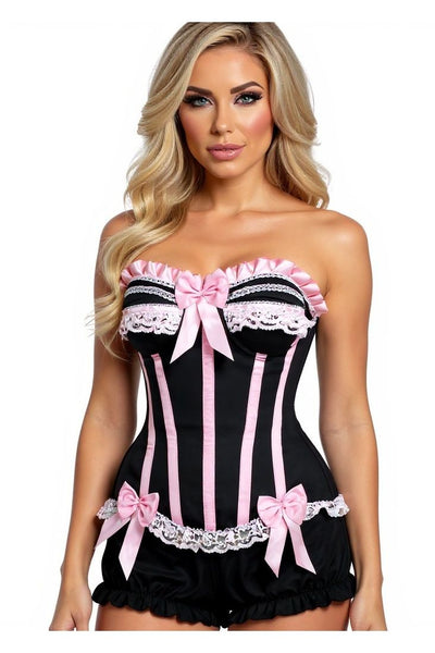 Top Drawer 2 PC Pink/Black Burlesque Steel Boned Corset & Bloomer Set - Daisy Corsets