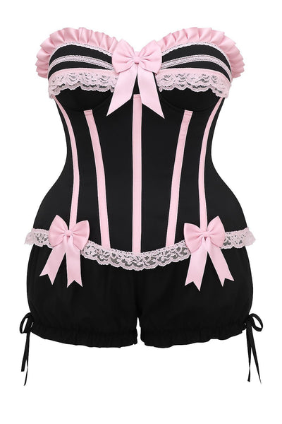 Top Drawer 2 PC Pink/Black Burlesque Steel Boned Corset & Bloomer Set - Daisy Corsets