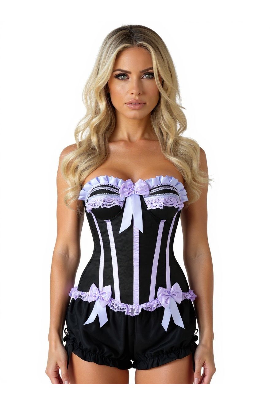 Top Drawer 2 PC Purple/Black Burlesque Steel Boned Corset & Bloomer Set - Daisy Corsets