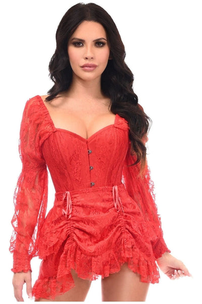 Top Drawer 2 PC Red Lace Steel Boned Corset & Skirt Set - Daisy Corsets