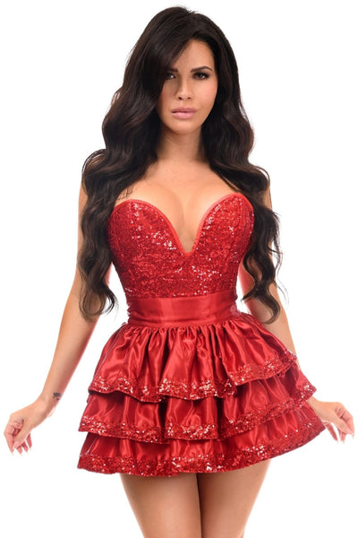 Top Drawer 2 PC Red Sequin Steel Boned Corset & Skirt Set - Daisy Corsets