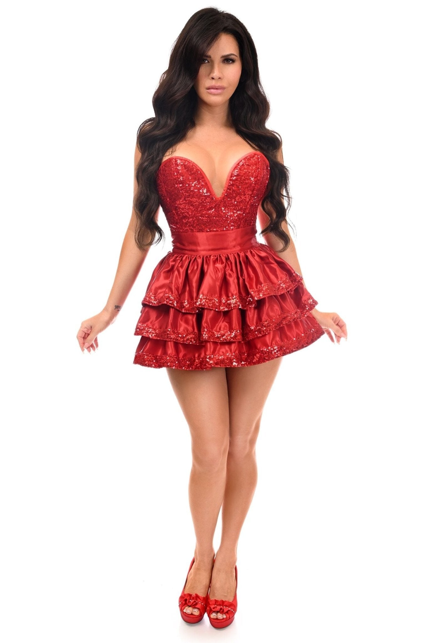 Top Drawer 2 PC Red Sequin Steel Boned Corset & Skirt Set - Daisy Corsets