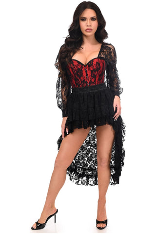 Top Drawer 2 PC Red/Black Lace Steel Boned Corset & Lace Skirt Set - Daisy Corsets