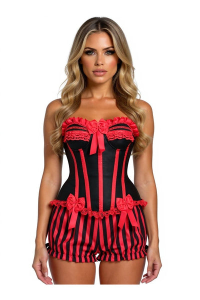 Top Drawer 2 PC Red/Black Striped Burlesque Steel Boned Corset & Bloomer Set - Daisy Corsets