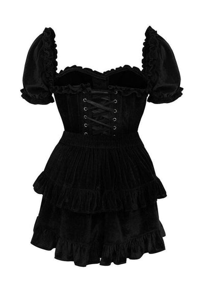 Top Drawer 2 PC Steel Boned Black Velvet Overbust Corset w/Sleeves & Skirt Set - Daisy Corsets