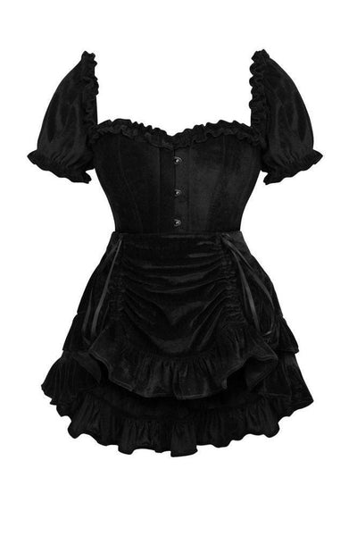 Top Drawer 2 PC Steel Boned Black Velvet Overbust Corset w/Sleeves & Skirt Set - Daisy Corsets
