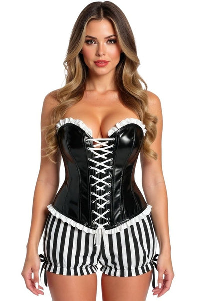 Top Drawer 2 PC Steel Boned Black Vinyl Patent Corset & Striped Bloomers Set - Daisy Corsets