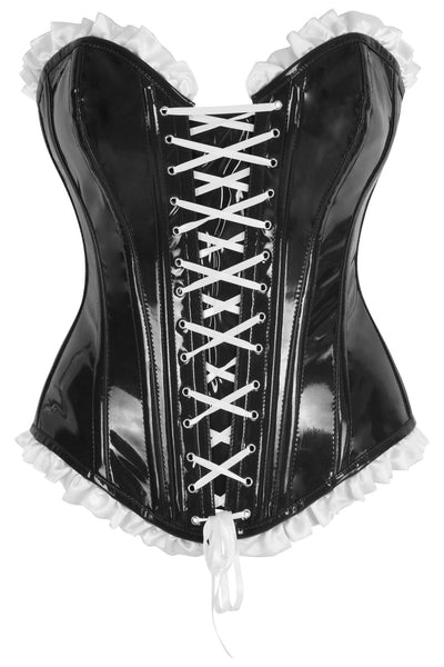 Top Drawer 2 PC Steel Boned Black Vinyl Patent Corset & Striped Bloomers Set - Daisy Corsets