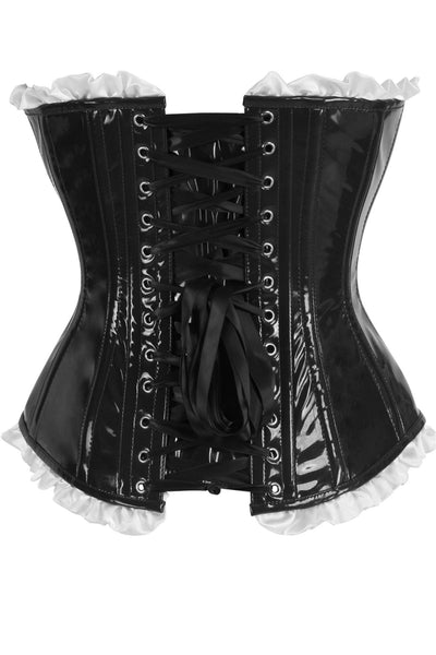 Top Drawer 2 PC Steel Boned Black Vinyl Patent Corset & Striped Bloomers Set - Daisy Corsets