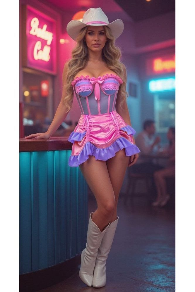 Top Drawer 2 PC Steel Boned Purple/Pink Mesh Underwire Bustier Corset & Skirt Set - Daisy Corsets