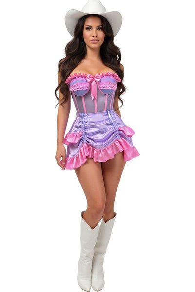 Top Drawer 2 PC Steel Boned Purple/Pink Mesh Underwire Bustier Corset & Skirt Set - Daisy Corsets