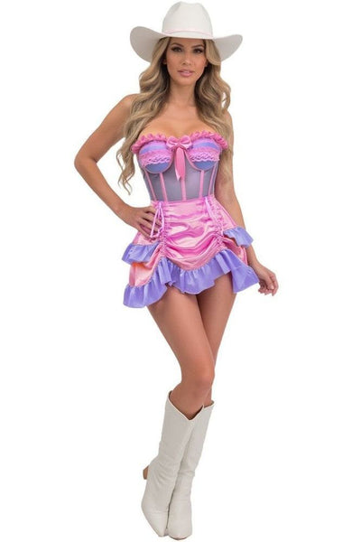 Top Drawer 2 PC Steel Boned Purple/Pink Mesh Underwire Bustier Corset & Skirt Set - Daisy Corsets