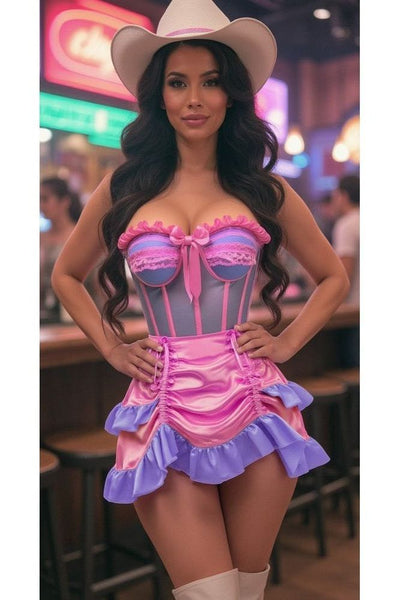 Top Drawer 2 PC Steel Boned Purple/Pink Mesh Underwire Bustier Corset & Skirt Set - Daisy Corsets