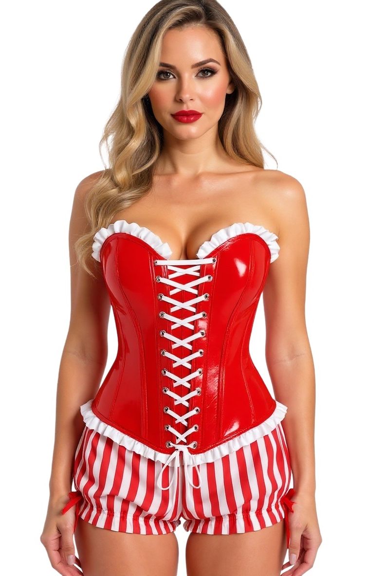 Top Drawer 2 PC Steel Boned Red Vinyl Patent Corset & Striped Bloomers Set - Daisy Corsets