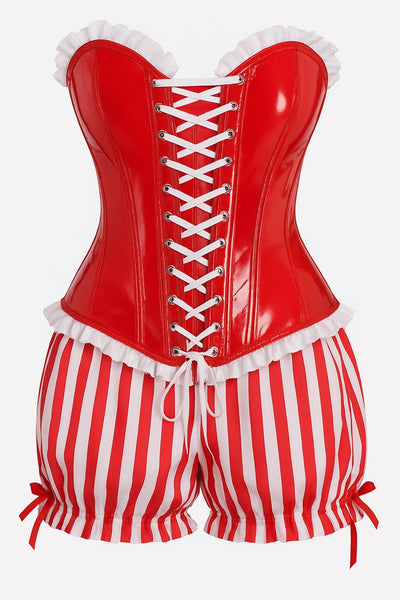Top Drawer 2 PC Steel Boned Red Vinyl Patent Corset & Striped Bloomers Set - Daisy Corsets