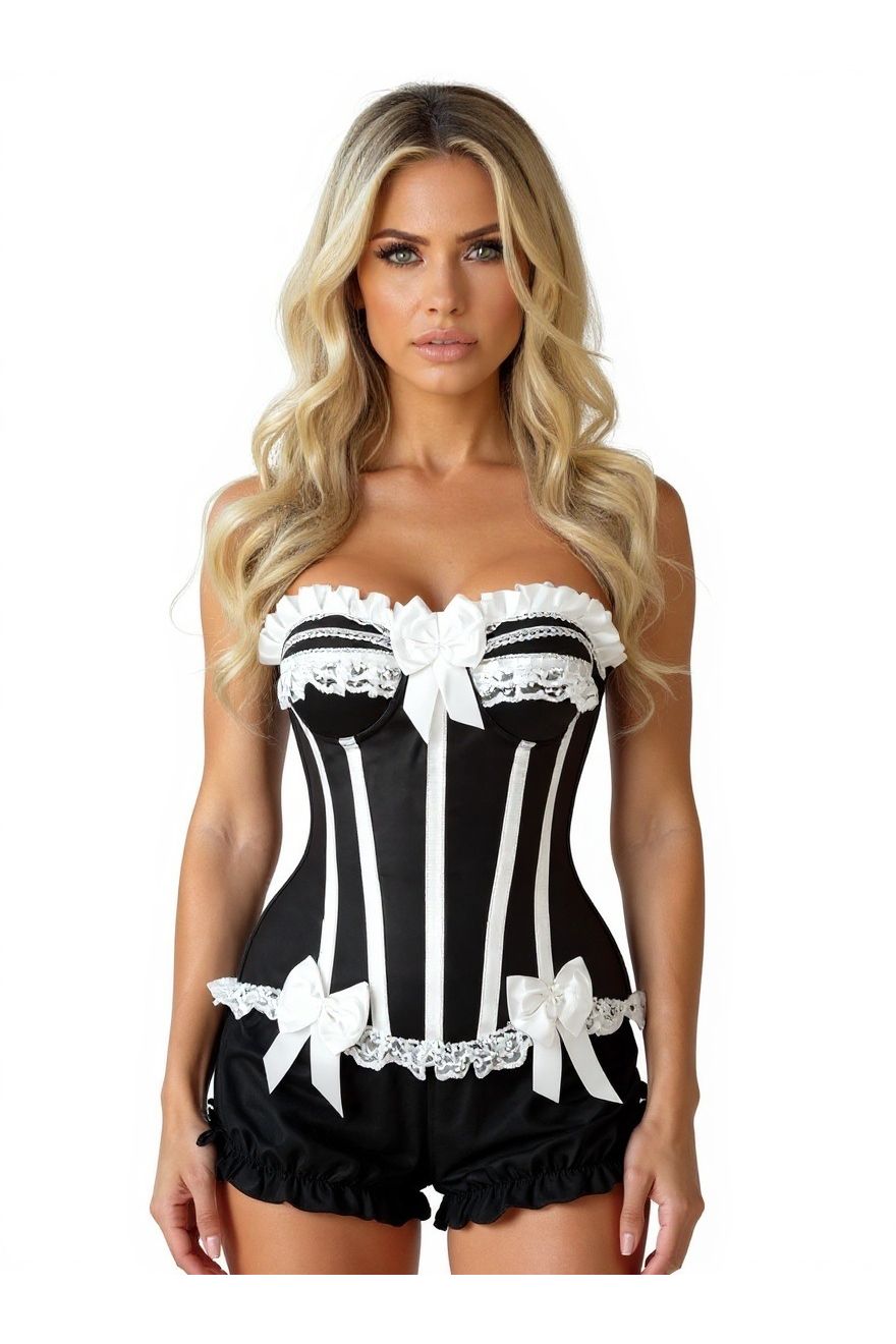 Top Drawer 2 PC White/Black Burlesque Steel Boned Corset & Bloomer Set - Daisy Corsets