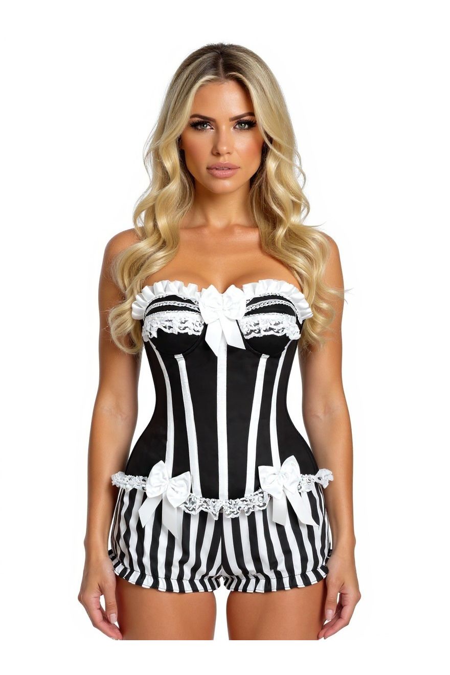 Top Drawer 2 PC White/Black Striped Burlesque Steel Boned Corset & Bloomer Set - Daisy Corsets