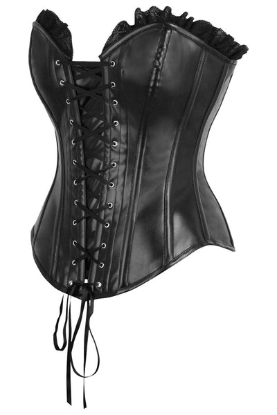 Top Drawer Black Faux Leather & Black Lace Trim Lace - Up Steel Boned Corset - Daisy Corsets