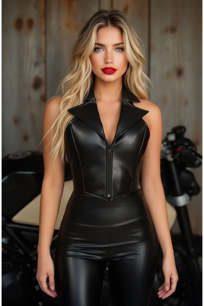 Top Drawer Black Faux Leather Steel Boned Collared Bustier Top - Daisy Corsets