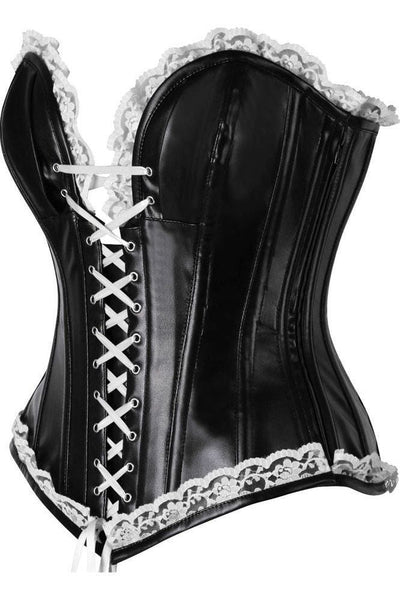 Top Drawer Black Faux Leather & White Lace Trim Steel Boned Corset