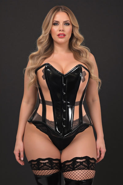 Top Drawer Black Patent & Nude Mesh Steel Boned Overbust Corset - Daisy Corsets