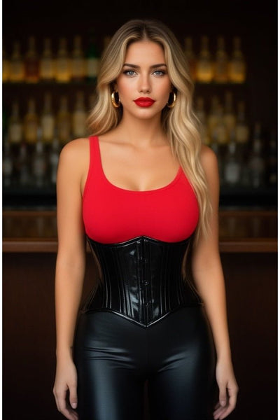 Top Drawer Black Patent PVC Vinyl Double Steel Boned Curvy Cut Waist Cincher - Daisy Corsets