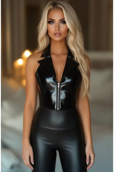 Top Drawer Black Patent Steel Boned Collared Bustier Top - Daisy Corsets