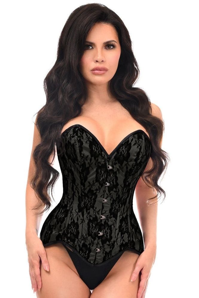 Top Drawer Black Satin w/Black Lace Overlay Steel Boned Overbust Corset