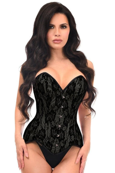 Top Drawer Black Satin w/Black Lace Overlay Steel Boned Overbust Corset