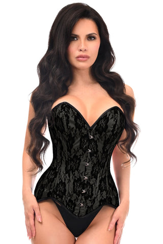 Top Drawer Black Satin w/Black Lace Overlay Steel Boned Overbust Corset - Daisy Corsets