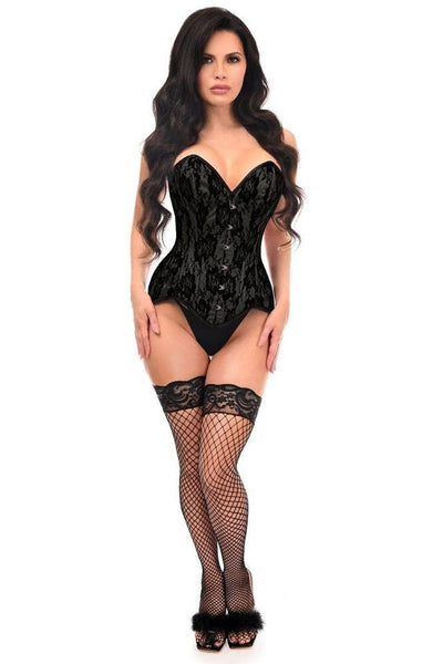 Top Drawer Black Satin w/Black Lace Overlay Steel Boned Overbust Corset