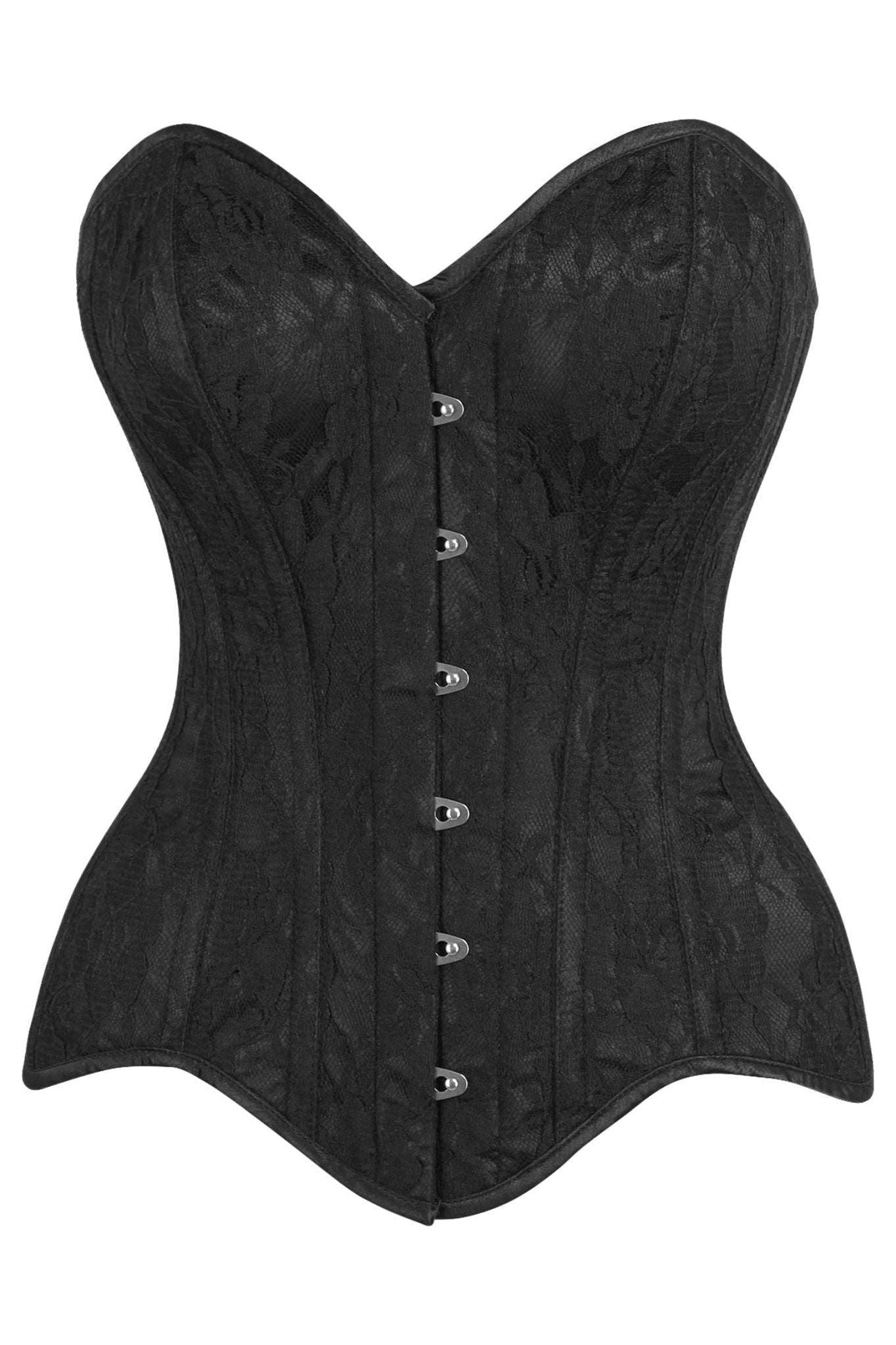 Top Drawer Black Satin w/Black Lace Overlay Steel Boned Overbust Corset - Daisy Corsets