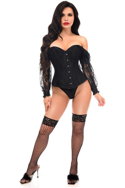 Top Drawer Black w/Black Lace Steel Boned Long Sleeve Corset - Daisy Corsets