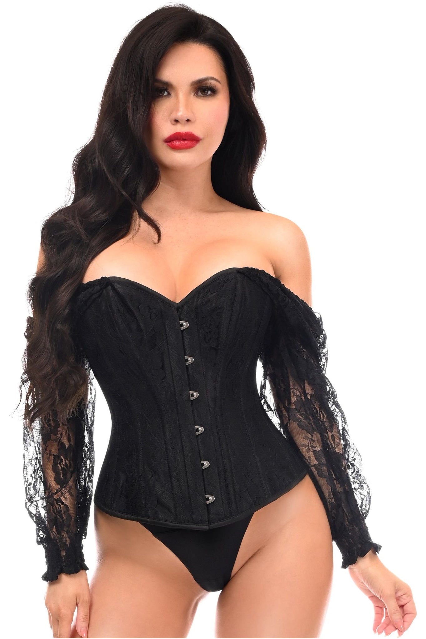 Top Drawer Black w/Black Lace Steel Boned Long Sleeve Corset - Daisy Corsets