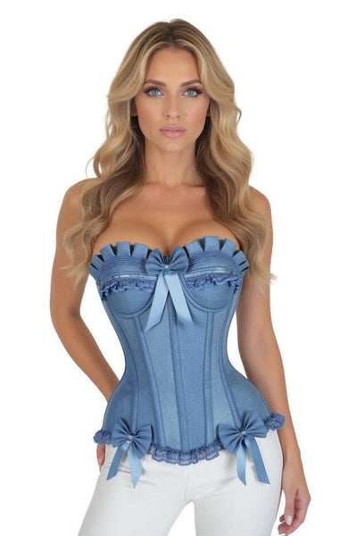 Top Drawer Blue Denim Underwire Steel Boned Burlesque Corset w/Bows - Daisy Corsets